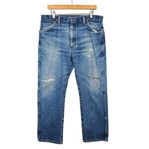 Wrangler Vintage Straight Leg Distressed Jeans Hi-Rise Mid Wash Denim Mens 36x30